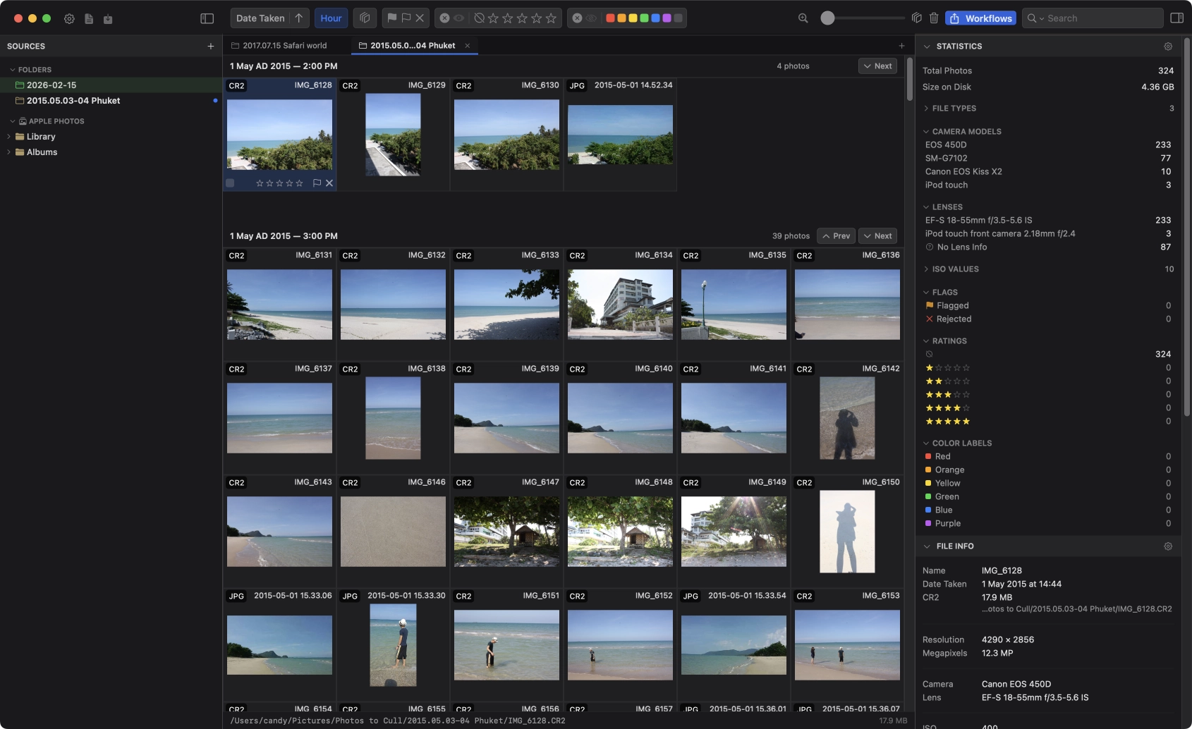Grid View toolbar with photos grouped by hour