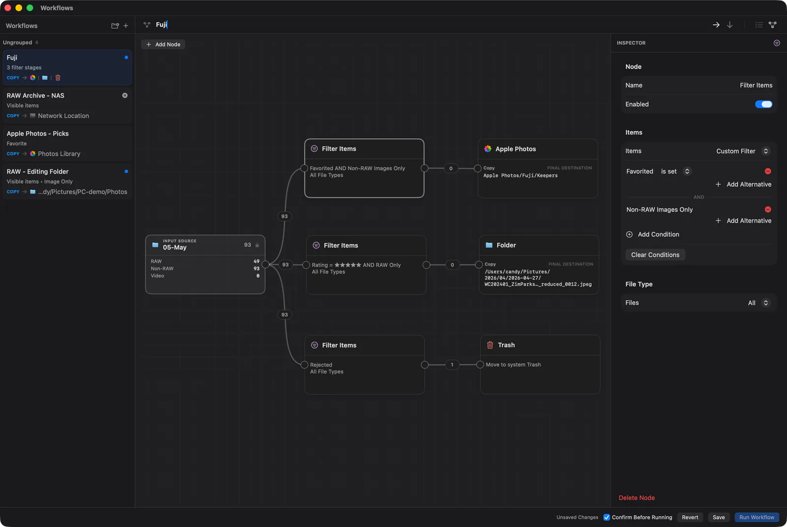 Visual node-graph workflow builder in PhotoCuller routing photos to multiple destinations
