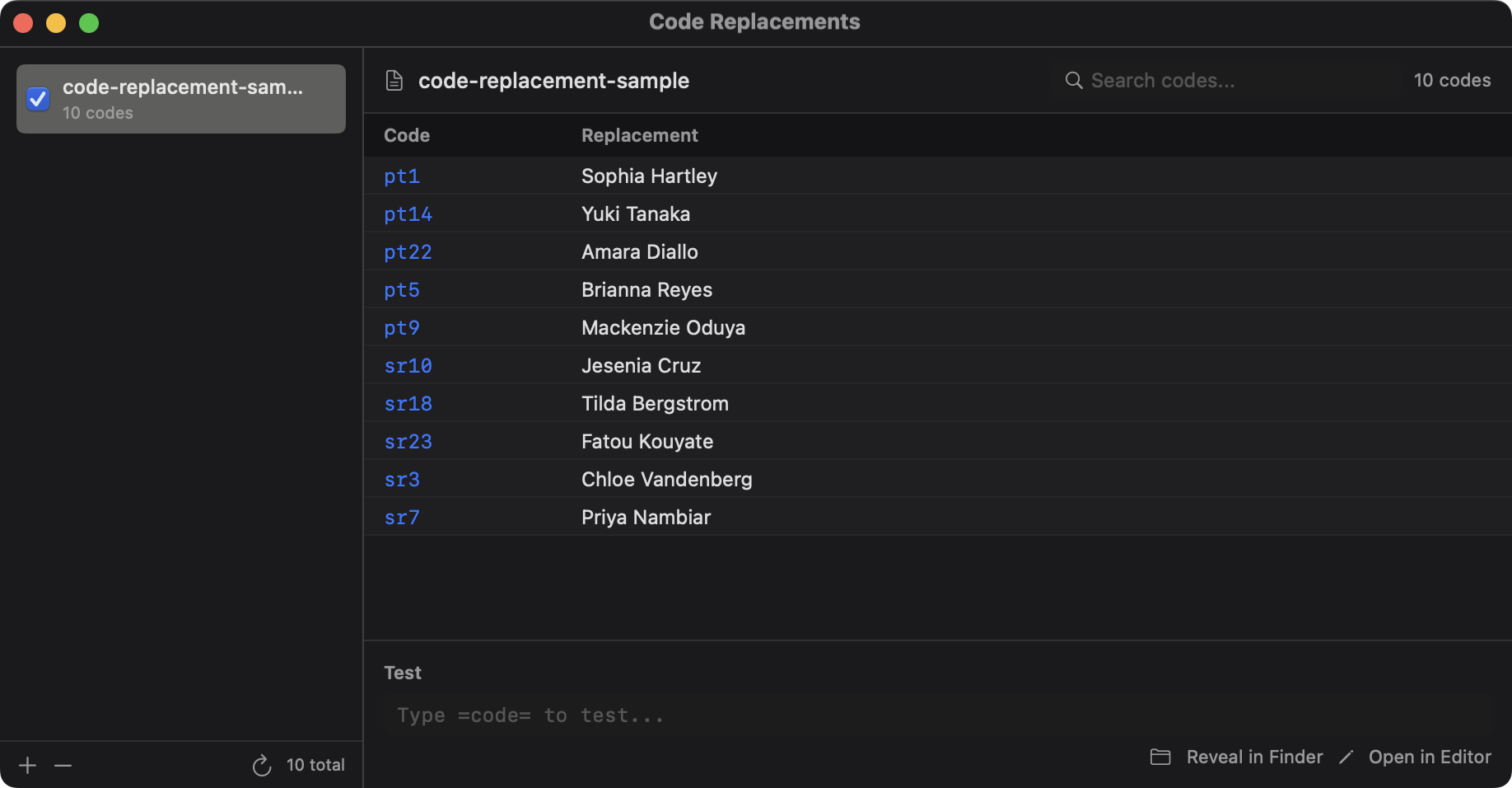 Code Replacements manager with file list, search, and test area